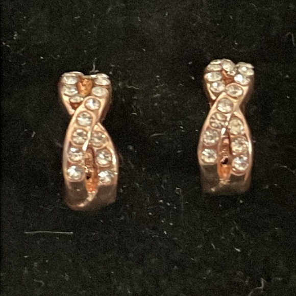 1” rose gold tone infinity stud earrings with 18 prong set crystals - Picture 3 of 16